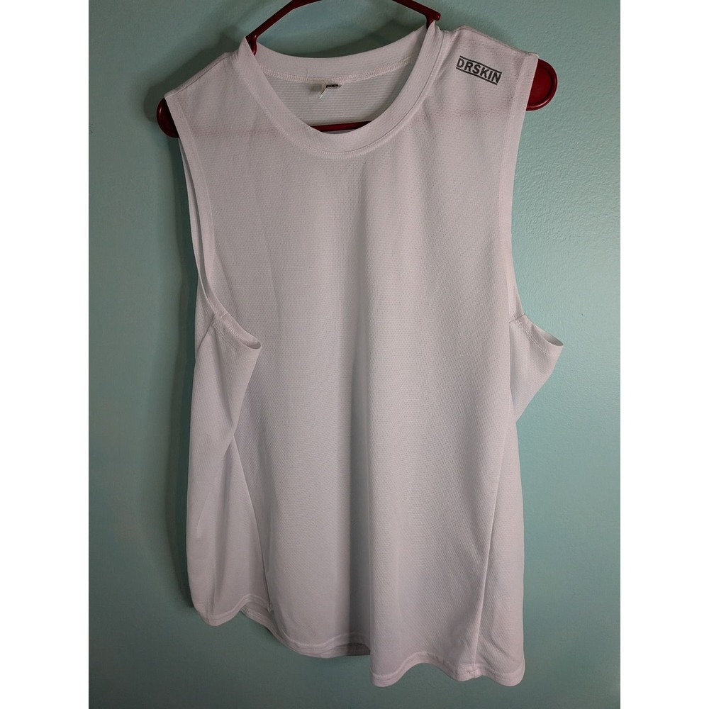 DRSKIN Mens White Performance Muscle Tank Top Sleeveless Gym Shirt XL